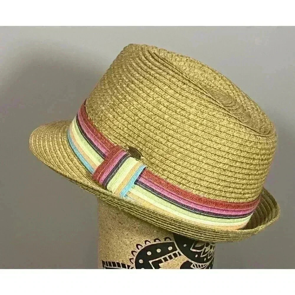 HSY Miami Straw Fedora Hat With Rainbow Striped Band